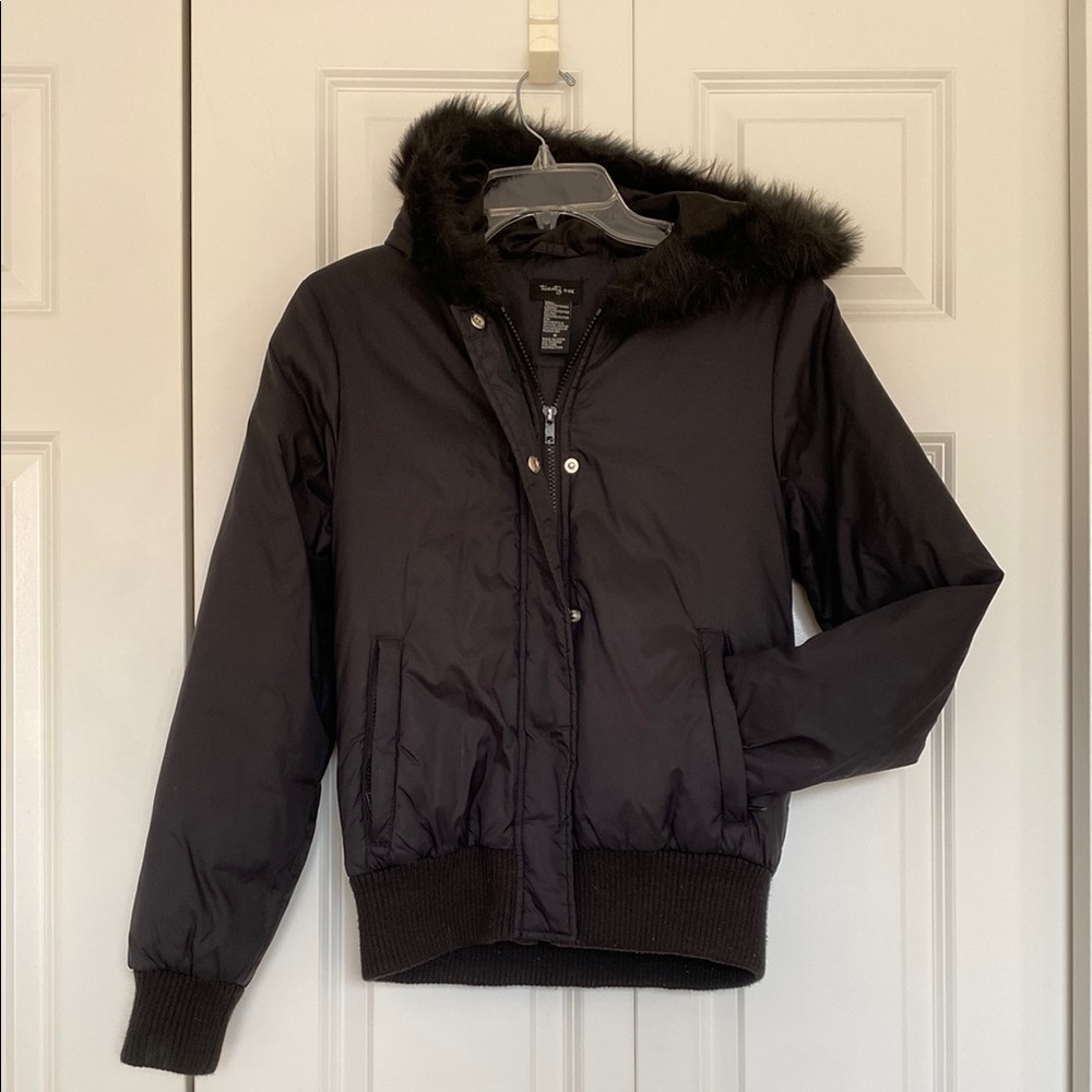 Black Hooded Jacket with Faux Fur Trim